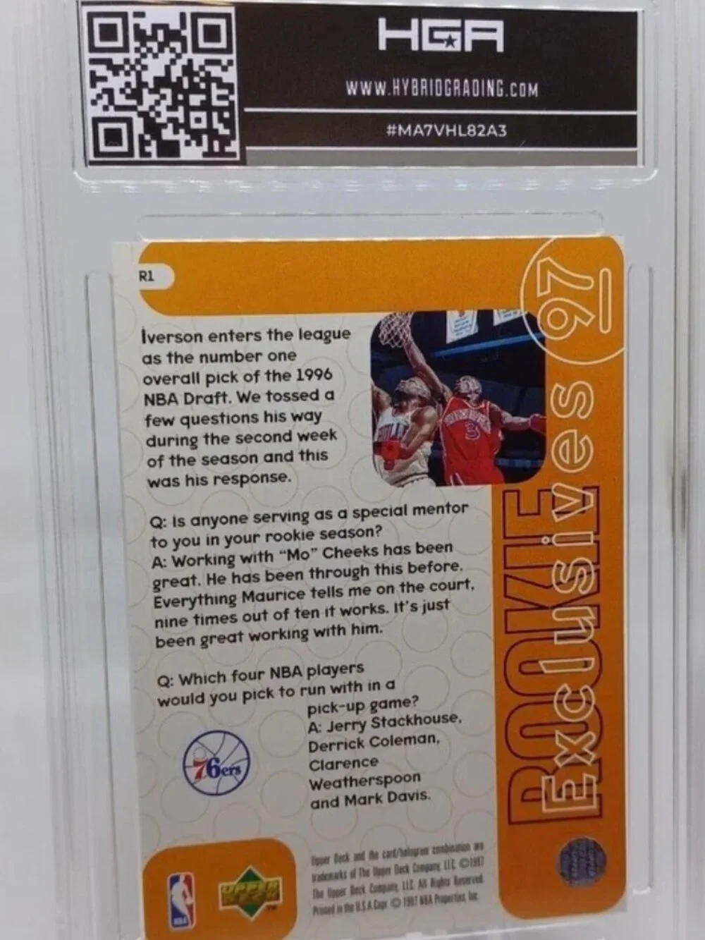1996-97 Upper Deck Allen Iverson RC Rookie Exclusives #R1 HGA 9